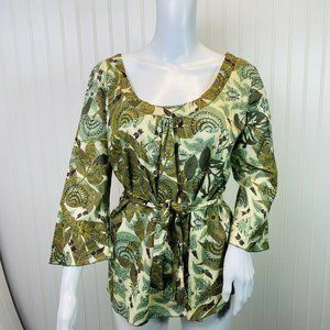 Fourtys Top Green Print 3/4 Sleeve Scoop Neck